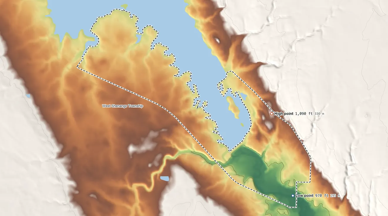 Topographic elevation map of Pymatuning South, Pennsylvania, shaded from 970 ft on the southeast side to 1,090 ft near the middle