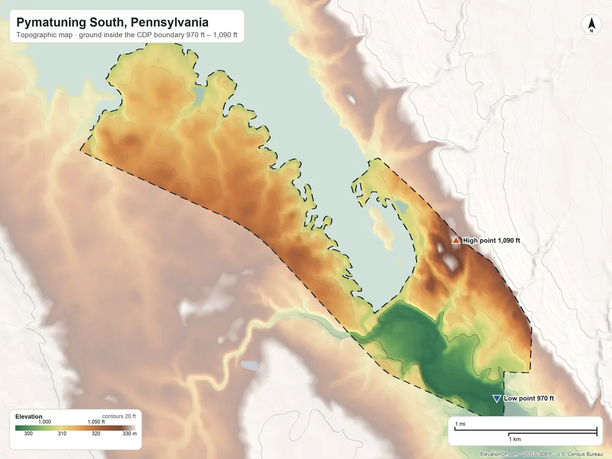 Topographic elevation map of Pymatuning South, Pennsylvania, shaded from 970 ft on the southeast side to 1,090 ft near the middle