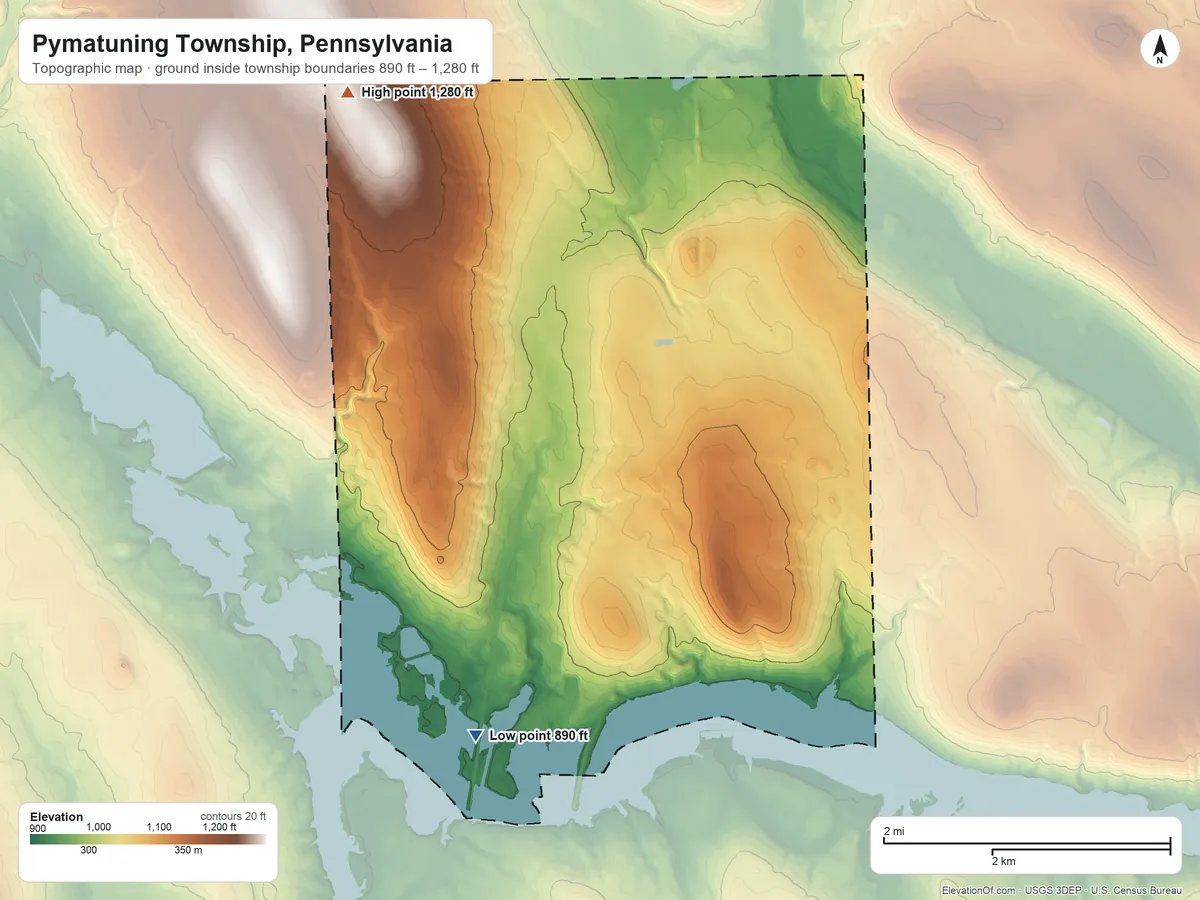 Topographic elevation map of Pymatuning Township, Pennsylvania, shaded from 890 ft on the southwest side to 1,280 ft on the northwest side
