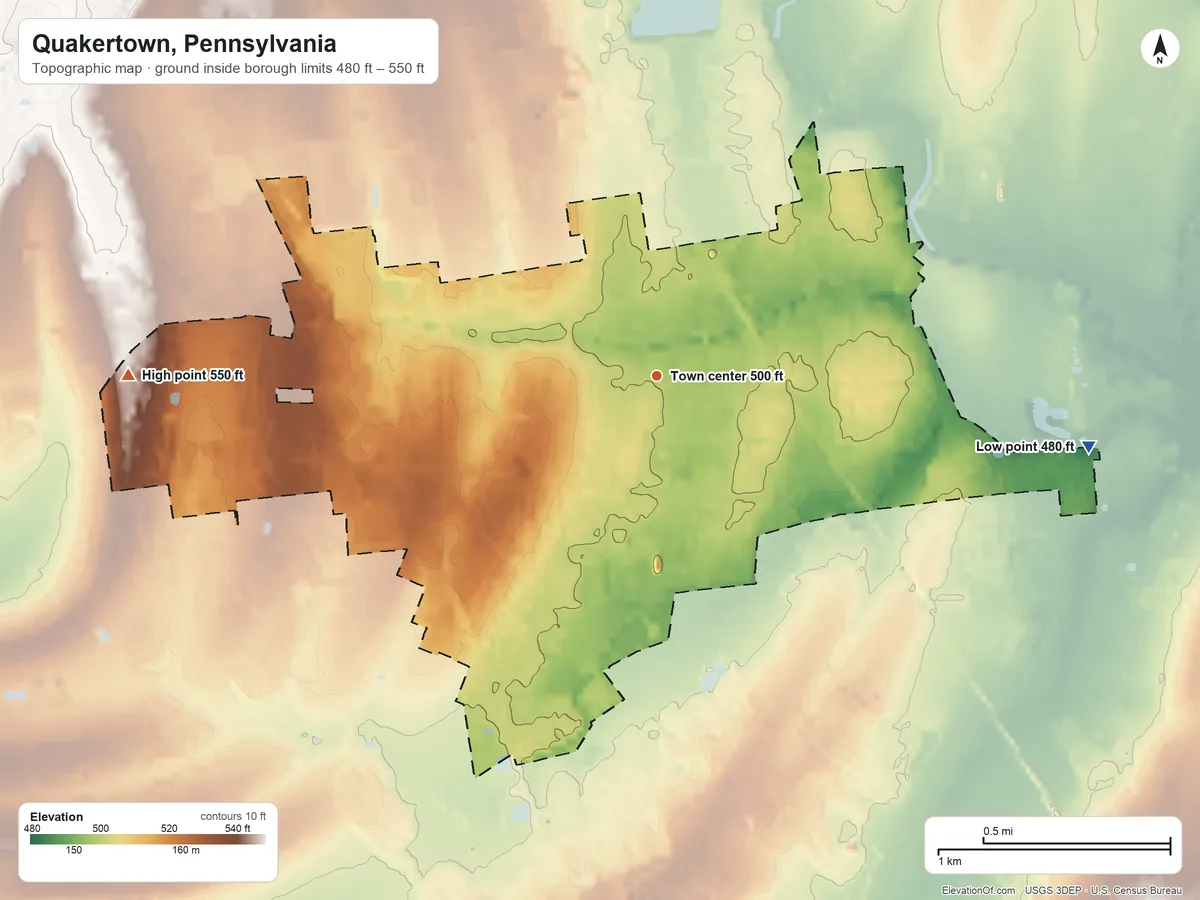 Topographic elevation map of Quakertown, Pennsylvania, shaded from 480 ft on the east side to 550 ft on the west side