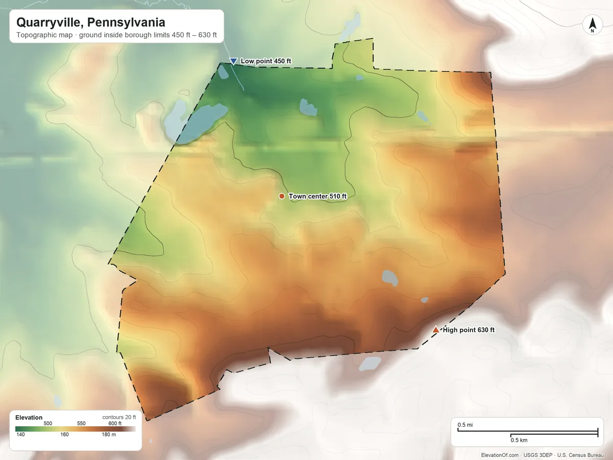 Topographic elevation map of Quarryville, Pennsylvania, shaded from 450 ft on the north side to 630 ft on the southeast side
