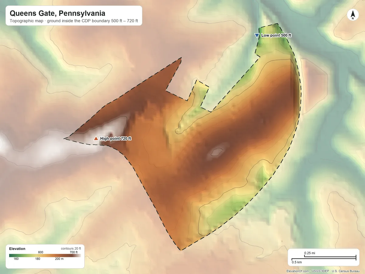 Topographic elevation map of Queens Gate, Pennsylvania, shaded from 500 ft on the north side to 720 ft on the west side