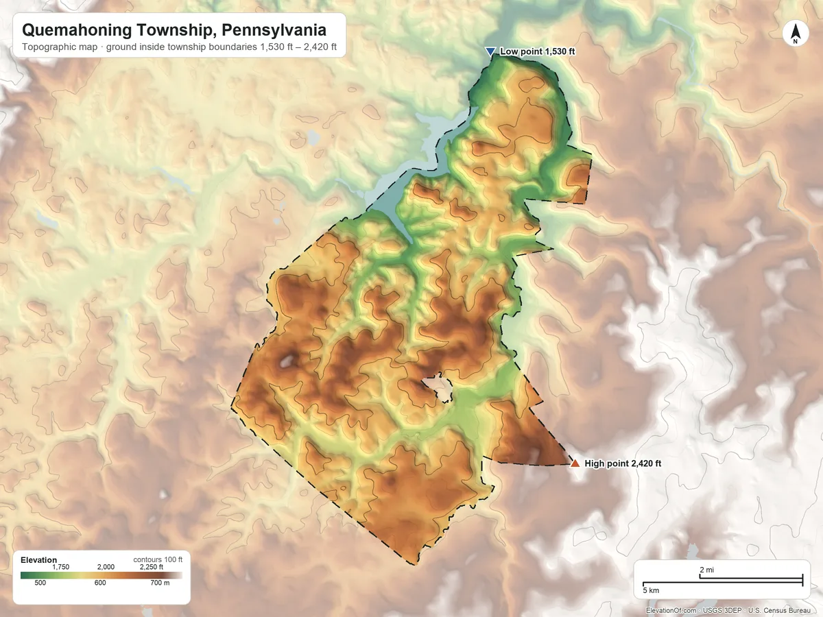 Topographic elevation map of Quemahoning Township, Pennsylvania, shaded from 1,530 ft on the north side to 2,420 ft on the southeast side