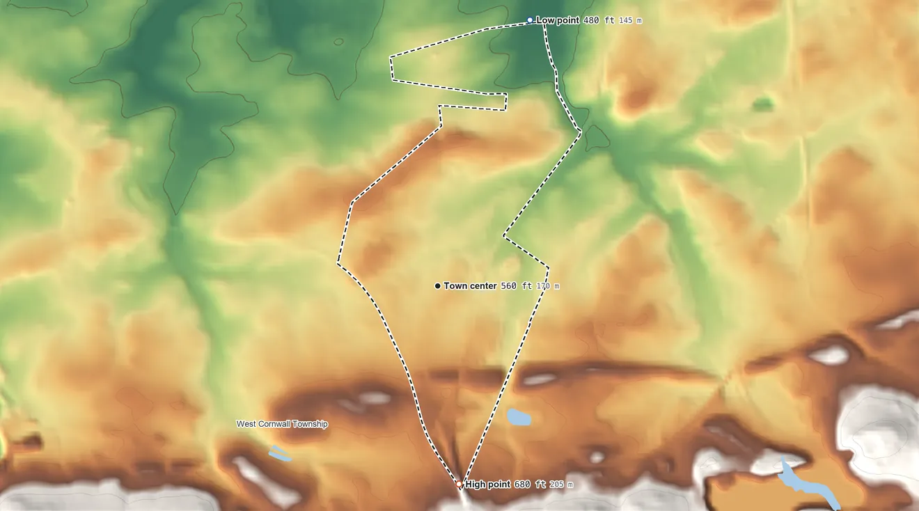 Topographic elevation map of Quentin, Pennsylvania, shaded from 480 ft on the north side to 680 ft at the foot of the Furnace Hills
