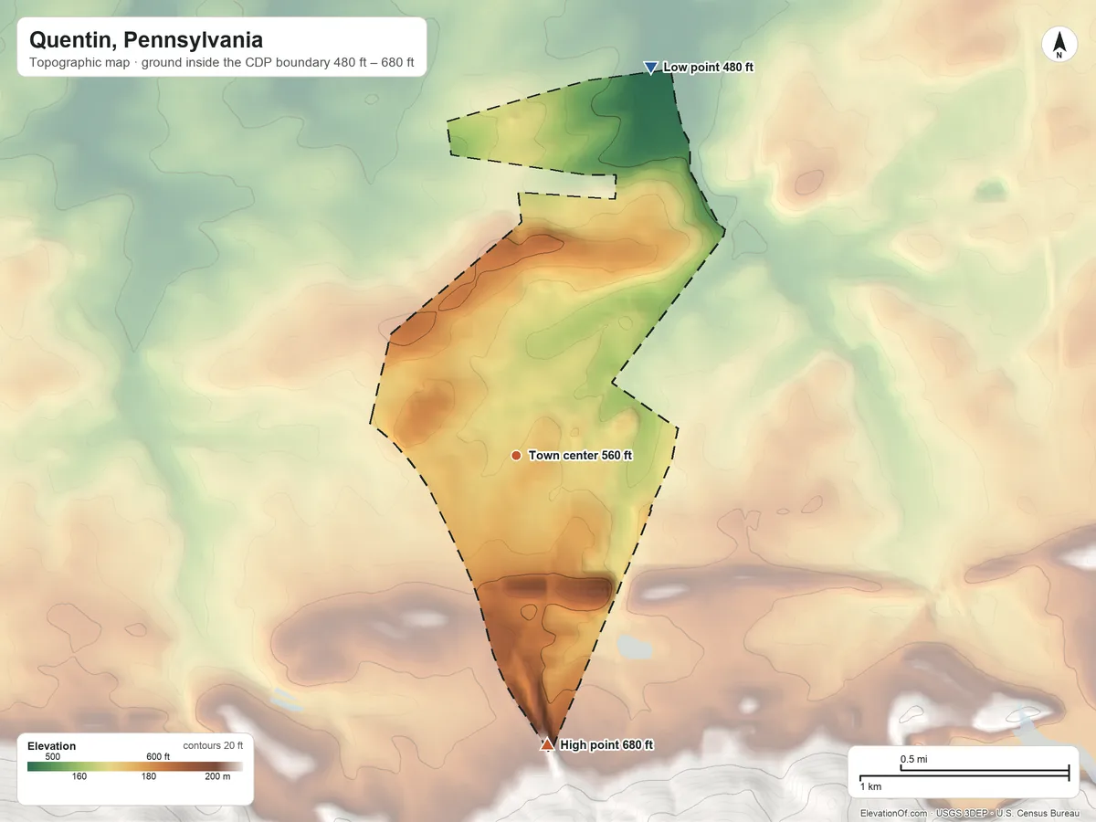Topographic elevation map of Quentin, Pennsylvania, shaded from 480 ft on the north side to 680 ft at the foot of the Furnace Hills