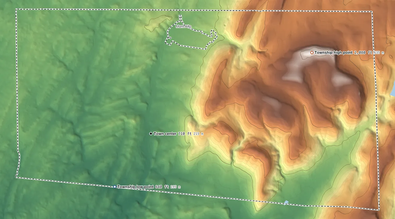 Topographic elevation map of Quincy Township, Pennsylvania, shaded from 640 ft on the southwest side to 2,080 ft on Snowy Mountain