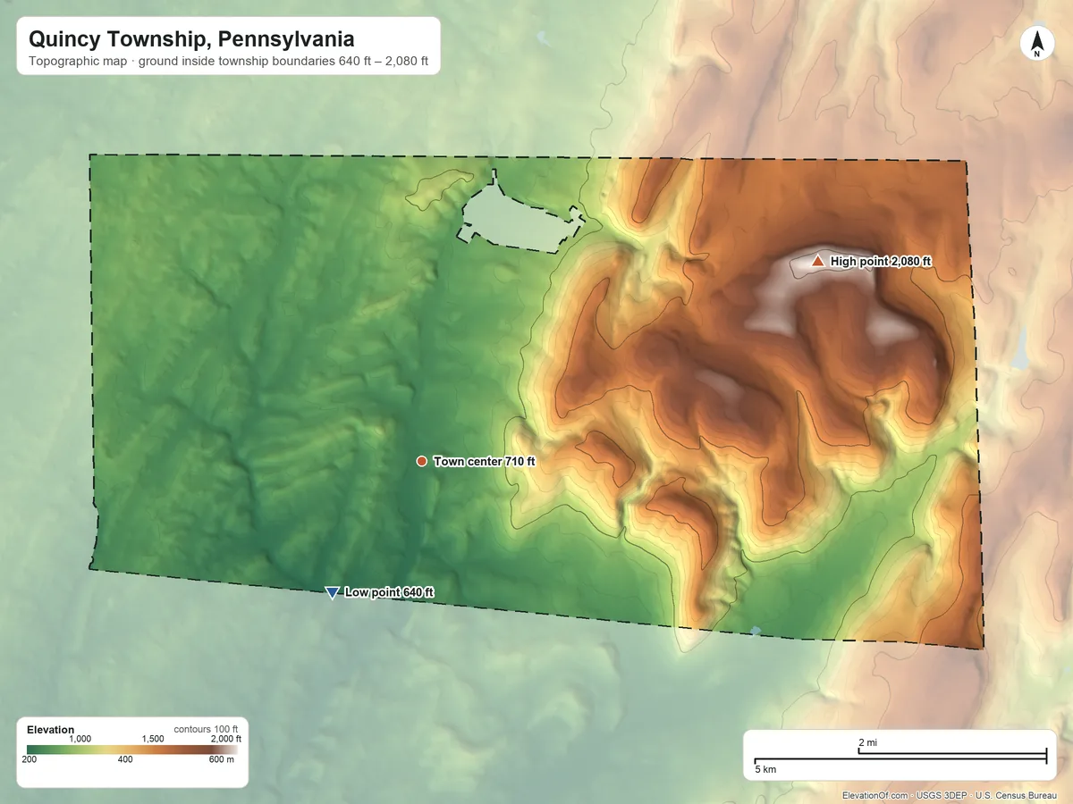 Topographic elevation map of Quincy Township, Pennsylvania, shaded from 640 ft on the southwest side to 2,080 ft on Snowy Mountain