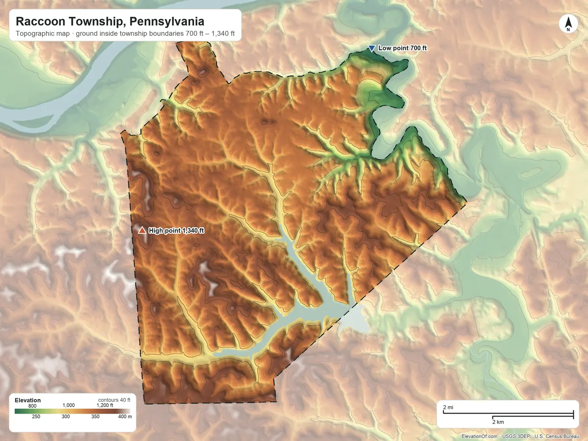 Topographic elevation map of Raccoon Township, Pennsylvania, shaded from 700 ft on the northeast side to 1,340 ft on the west side