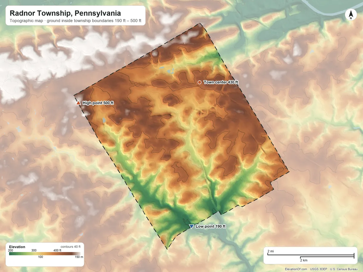 Topographic elevation map of Radnor Township, Pennsylvania, shaded from 190 ft on the south side to 500 ft on the west side