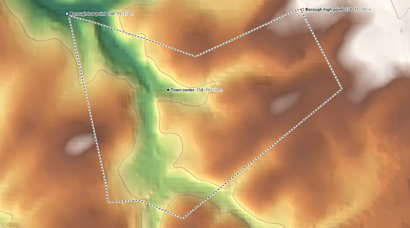 Topographic elevation map of Railroad, Pennsylvania, shaded from 690 ft on the northwest side to 970 ft on the northeast side