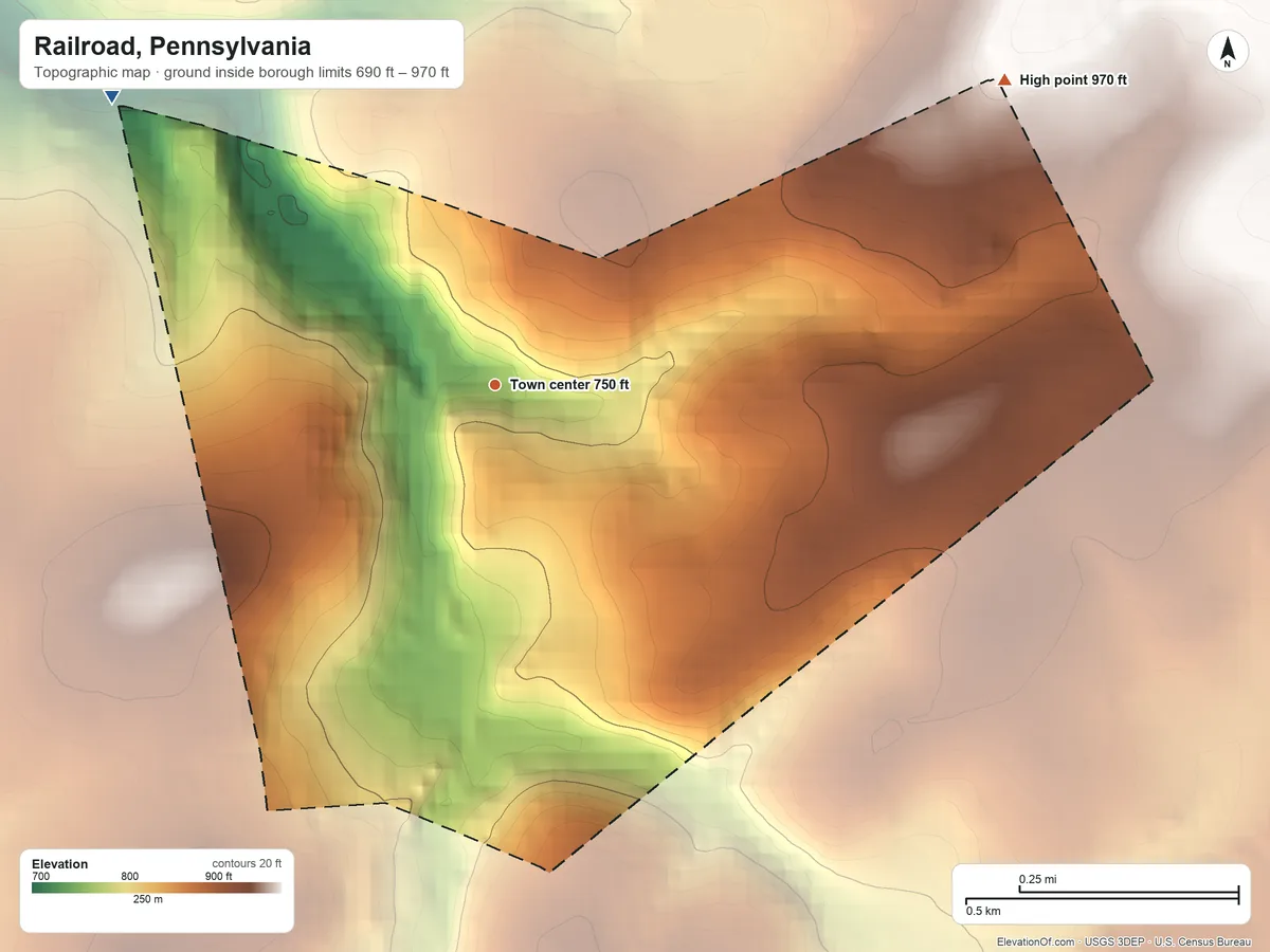 Topographic elevation map of Railroad, Pennsylvania, shaded from 690 ft on the northwest side to 970 ft on the northeast side