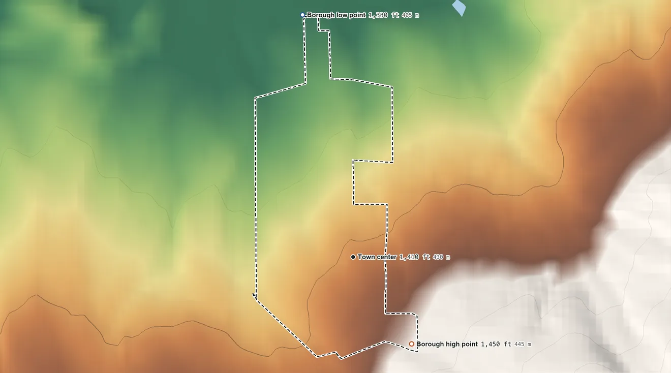 Topographic elevation map of Rainsburg, Pennsylvania, shaded from 1,330 ft on the north side to 1,450 ft on the southeast edge, below higher ground just outside