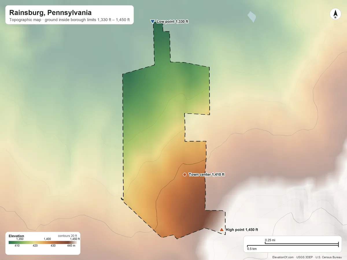 Topographic elevation map of Rainsburg, Pennsylvania, shaded from 1,330 ft on the north side to 1,450 ft on the southeast edge, below higher ground just outside