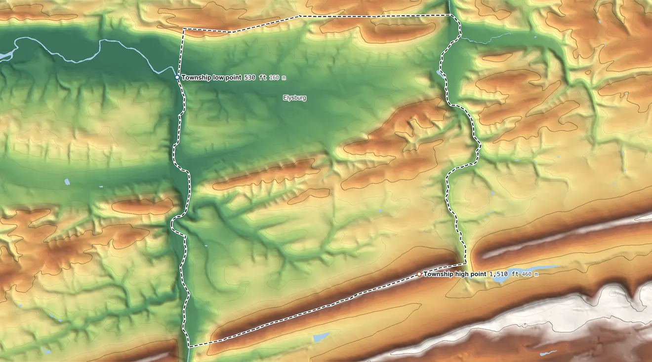 Topographic elevation map of Ralpho Township, Pennsylvania, shaded from 530 ft on the northwest side to 1,510 ft on the southeast side