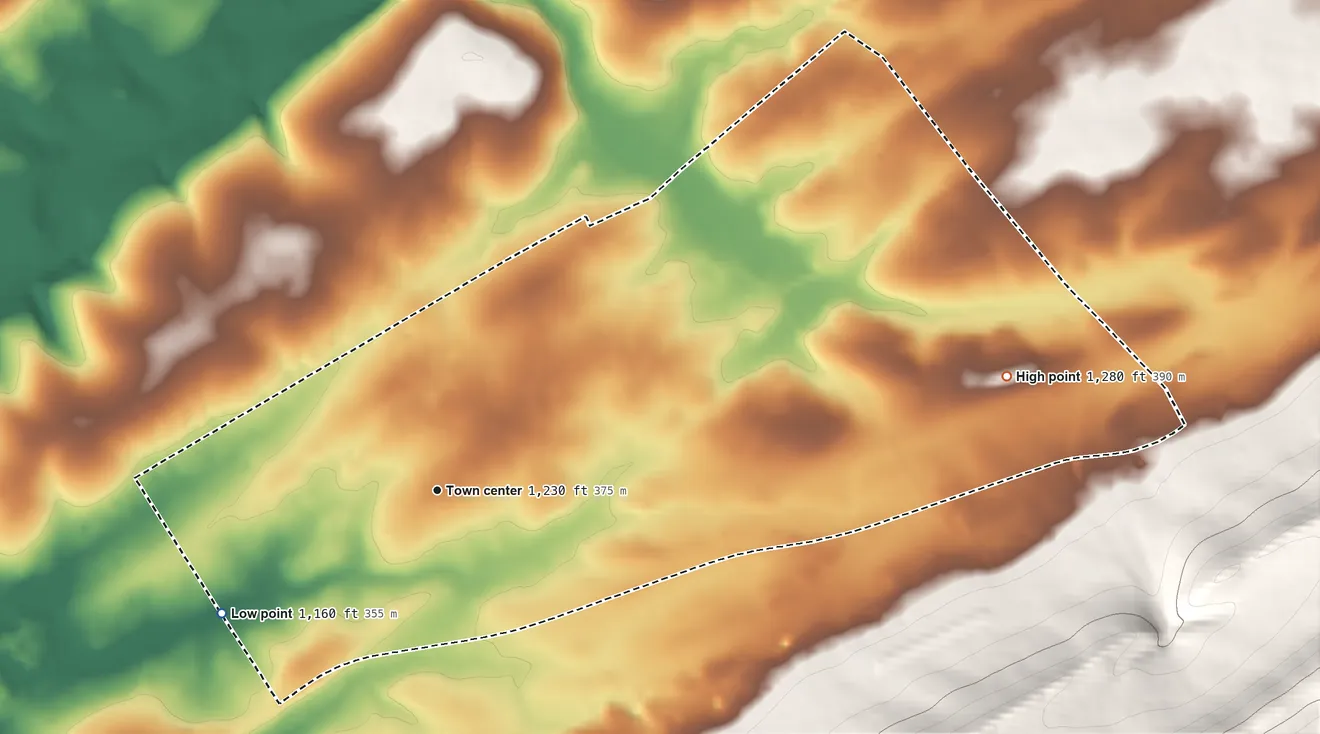 Topographic elevation map of Ramblewood, Pennsylvania, shaded from 1,160 ft on the southwest side to 1,280 ft on the east edge, below higher ground just outside