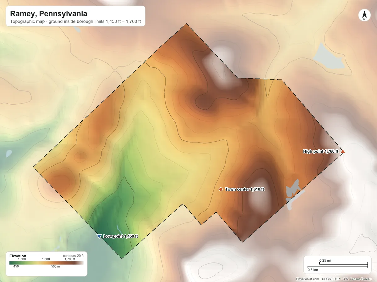 Topographic elevation map of Ramey, Pennsylvania, shaded from 1,450 ft on the west side to 1,760 ft on the east side