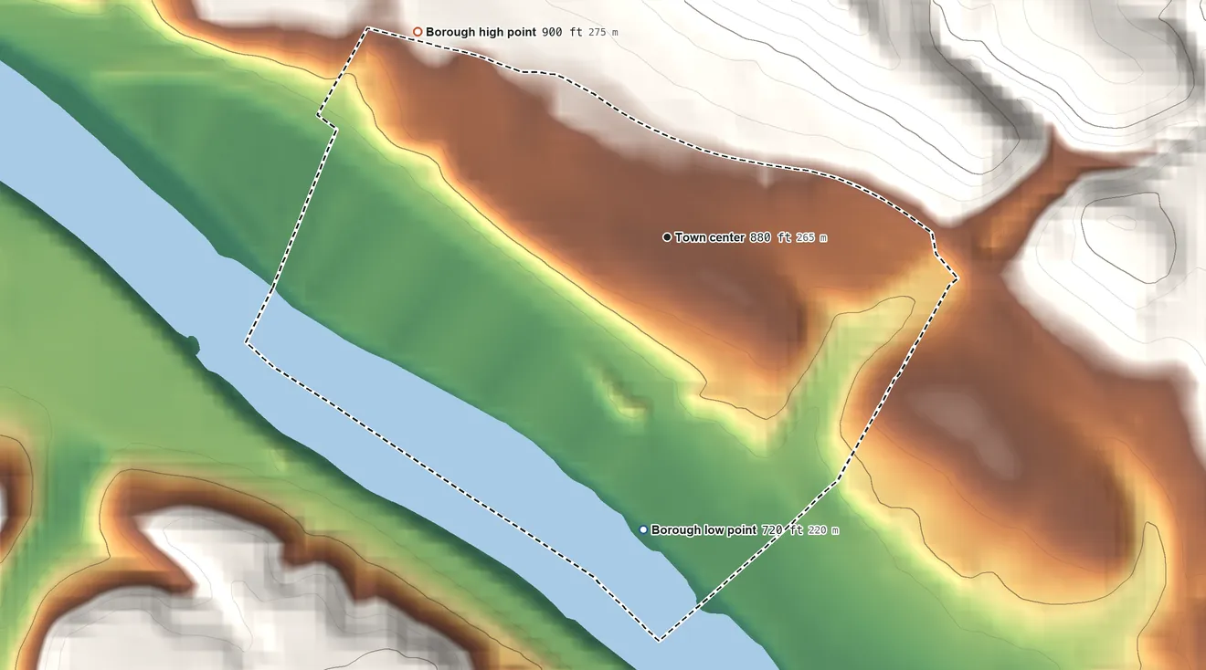 Topographic elevation map of Rankin, Pennsylvania, shaded from 720 ft on the south side to 900 ft on the northwest edge, below higher ground just outside