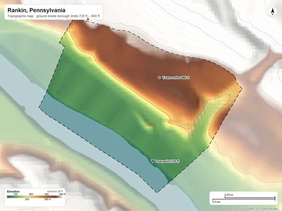 Topographic elevation map of Rankin, Pennsylvania, shaded from 720 ft on the south side to 900 ft on the northwest edge, below higher ground just outside