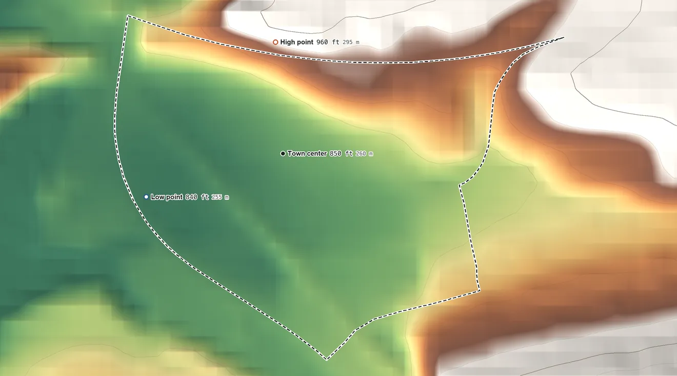 Topographic elevation map of Ranshaw, Pennsylvania, shaded from 840 ft on the west side to 960 ft at the foot of the Little Mountain