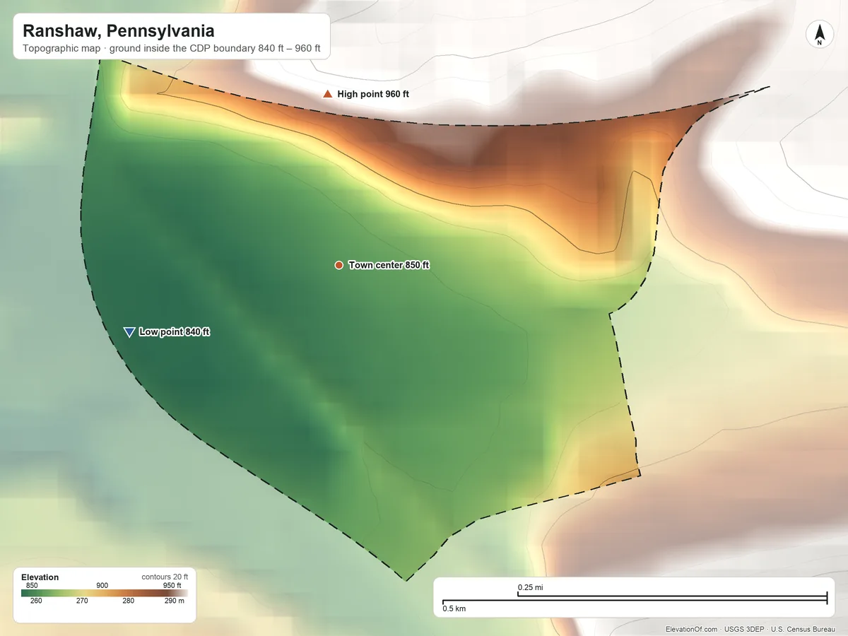 Topographic elevation map of Ranshaw, Pennsylvania, shaded from 840 ft on the west side to 960 ft at the foot of the Little Mountain