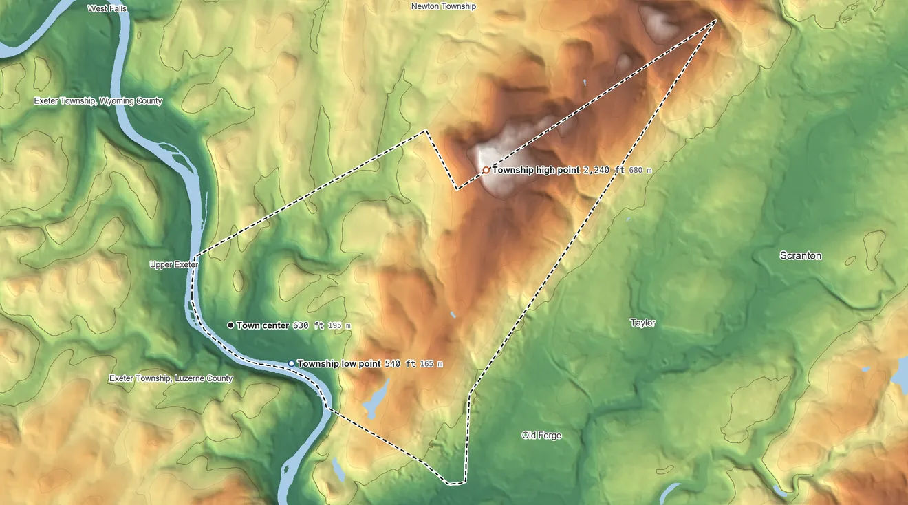 Topographic elevation map of Ransom Township, Pennsylvania, shaded from 540 ft on the southeast side to 2,240 ft on the northeast edge, below higher ground just outside