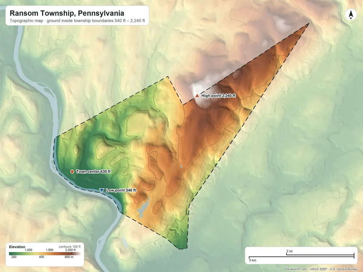Topographic elevation map of Ransom Township, Pennsylvania, shaded from 540 ft on the southeast side to 2,240 ft on the northeast edge, below higher ground just outside