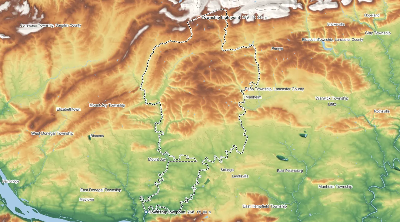 Topographic elevation map of Rapho Township, Pennsylvania, shaded from 260 ft on the southwest side to 700 ft at the foot of the Furnace Hills