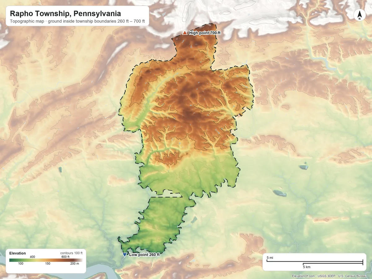 Topographic elevation map of Rapho Township, Pennsylvania, shaded from 260 ft on the southwest side to 700 ft at the foot of the Furnace Hills