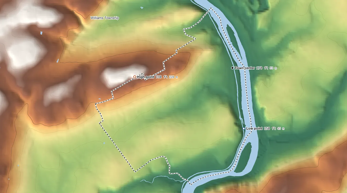 Topographic elevation map of Raubsville, Pennsylvania, shaded from 150 ft on the south side to 730 ft on the west side