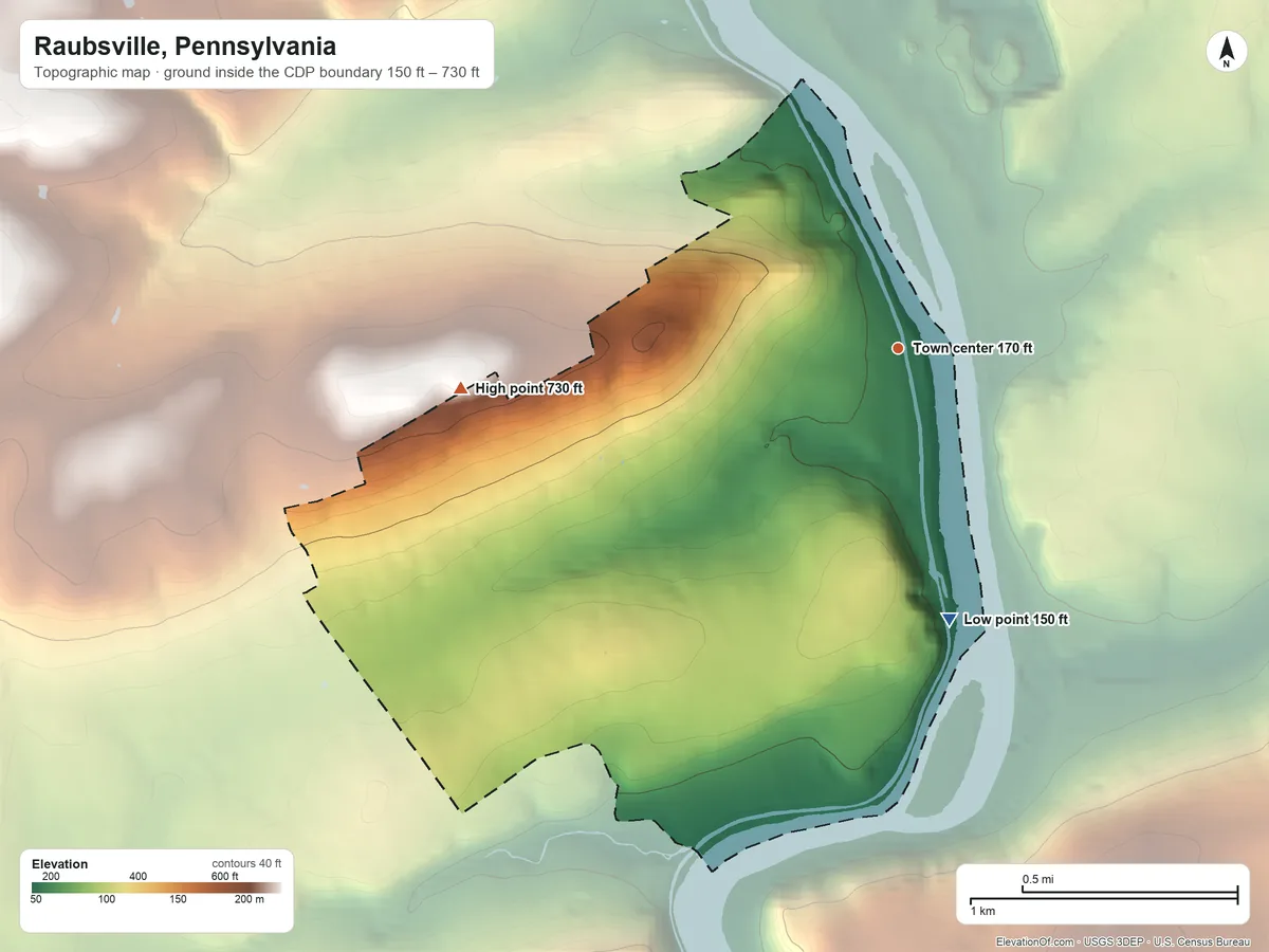 Topographic elevation map of Raubsville, Pennsylvania, shaded from 150 ft on the south side to 730 ft on the west side