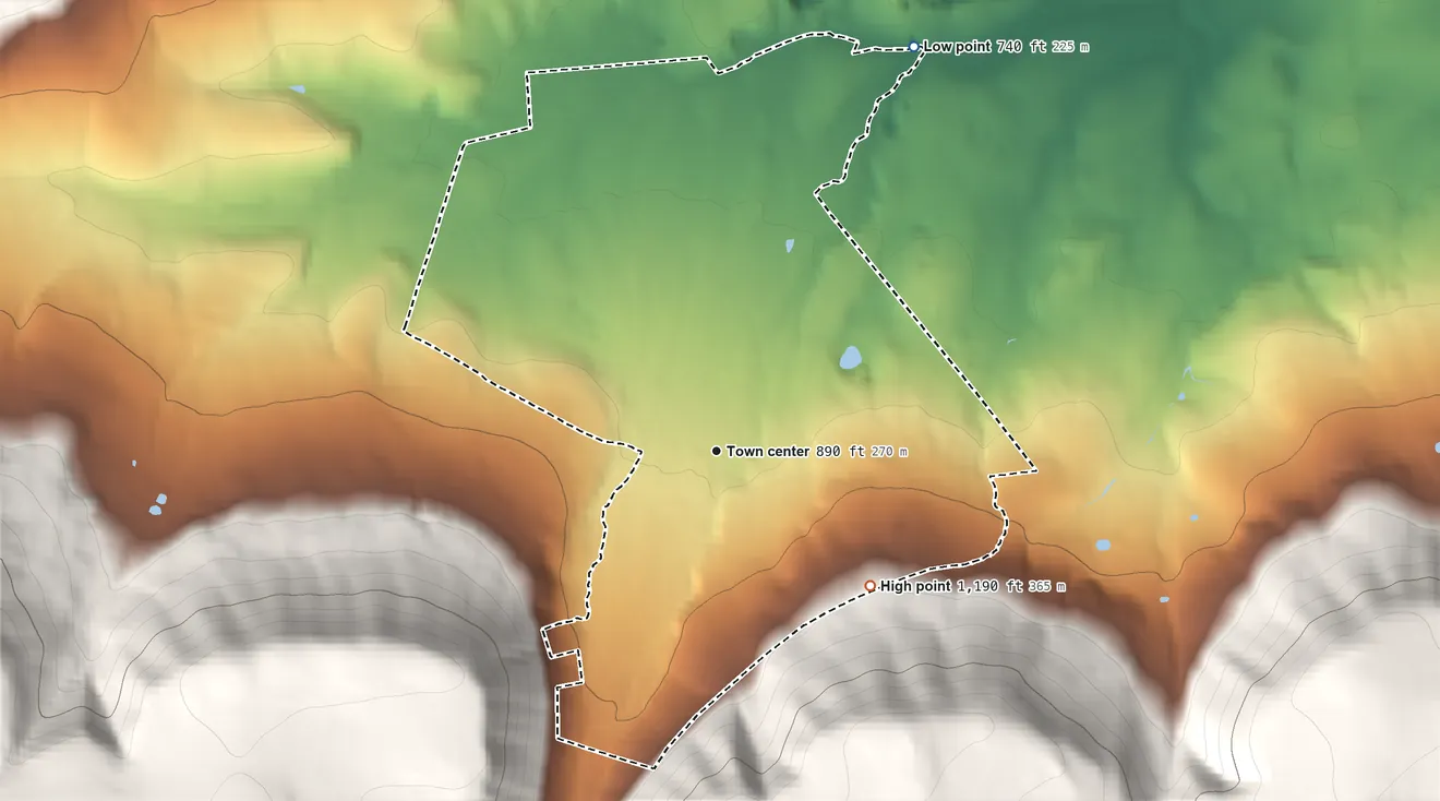 Topographic elevation map of Rauchtown, Pennsylvania, shaded from 740 ft on the northeast side to 1,190 ft on the southeast edge, below higher ground just outside
