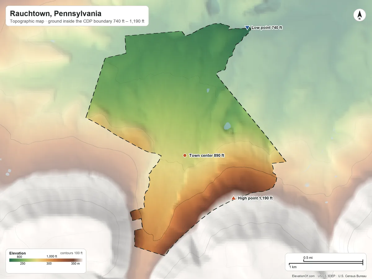 Topographic elevation map of Rauchtown, Pennsylvania, shaded from 740 ft on the northeast side to 1,190 ft on the southeast edge, below higher ground just outside
