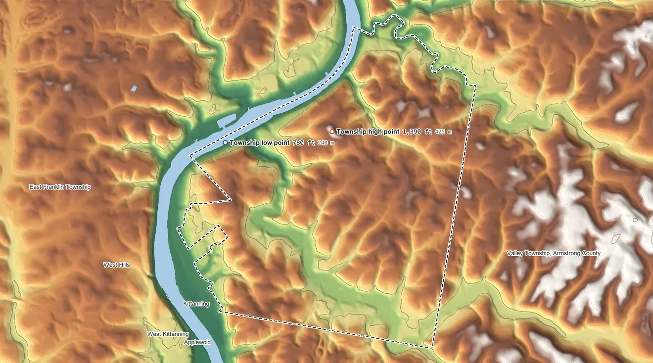 Topographic elevation map of Rayburn Township, Pennsylvania, shaded from 780 ft on the northwest side to 1,390 ft on the north side