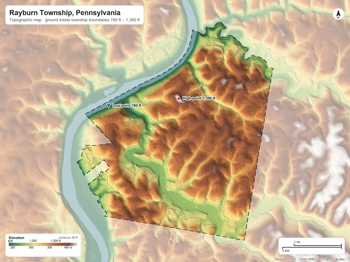 Topographic elevation map of Rayburn Township, Pennsylvania, shaded from 780 ft on the northwest side to 1,390 ft on the north side
