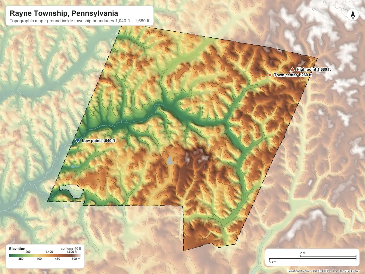 Topographic elevation map of Rayne Township, Pennsylvania, shaded from 1,040 ft on the west side to 1,680 ft near the middle