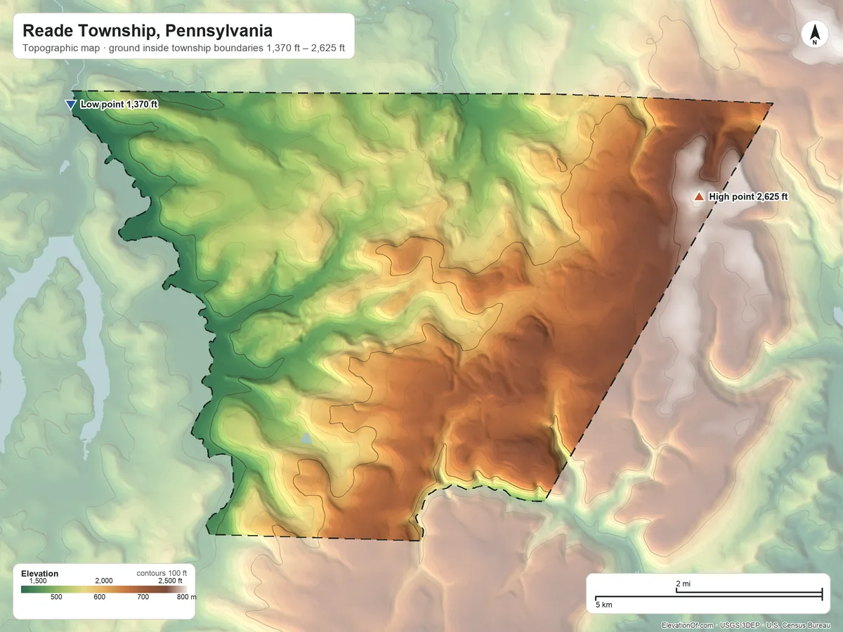 Topographic elevation map of Reade Township, Pennsylvania, shaded from 1,370 ft on the northwest side to 2,625 ft on Lost Mountain