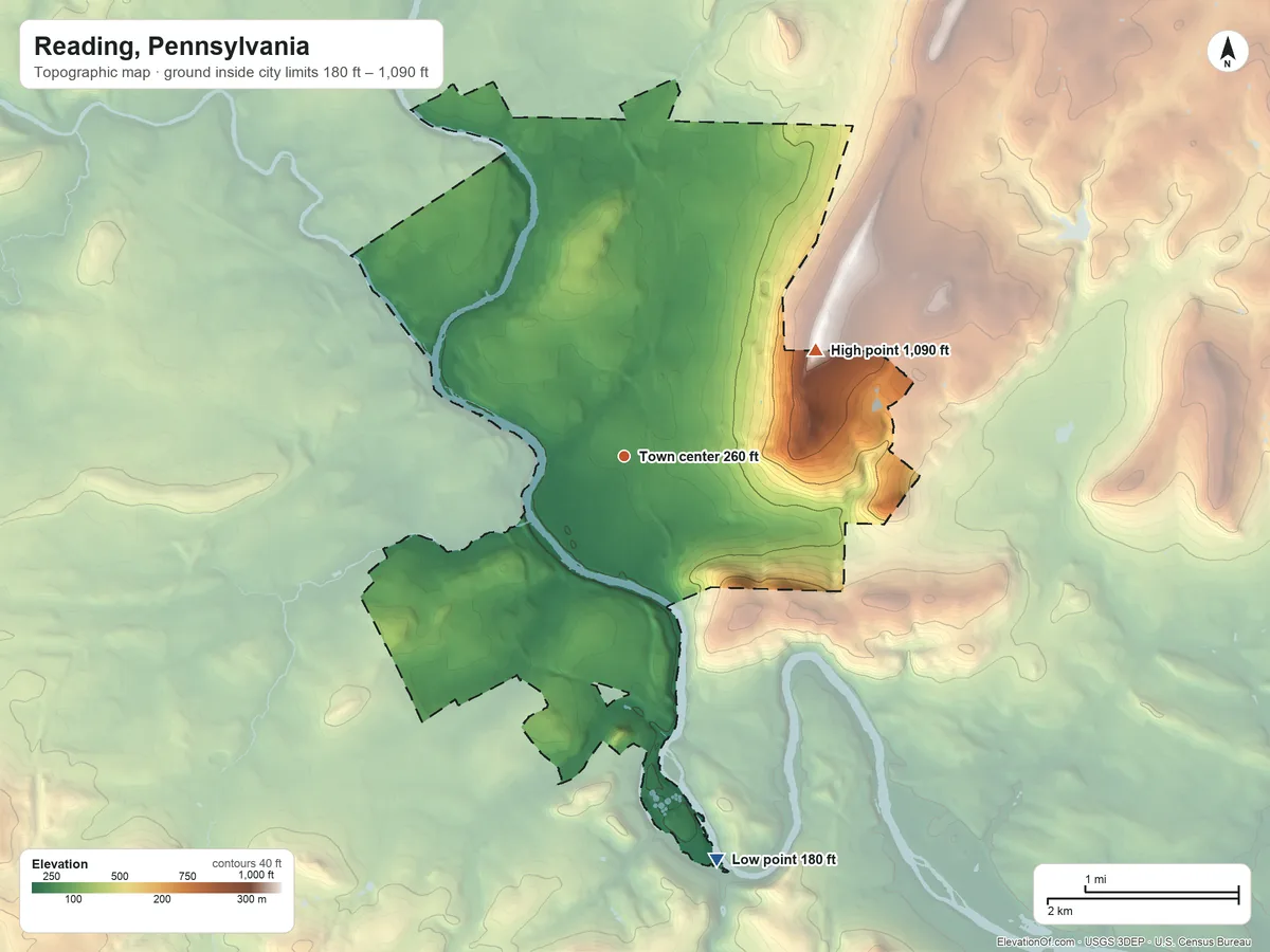 Topographic elevation map of Reading, Pennsylvania, shaded from 180 ft on the south side to 1,090 ft on the northeast edge, below higher ground just outside