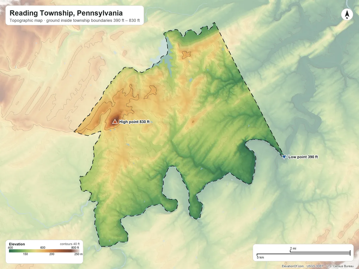 Topographic elevation map of Reading Township, Pennsylvania, shaded from 390 ft on the east side to 830 ft on Round Hill