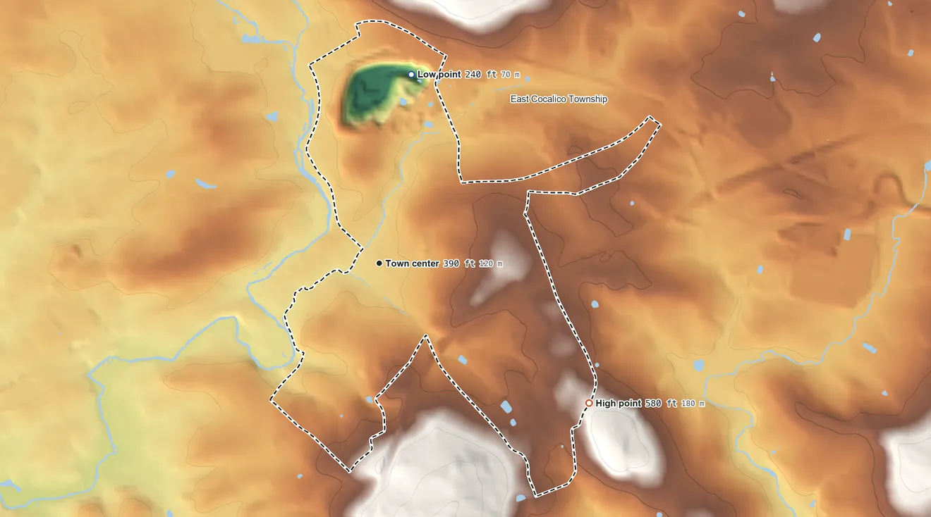 Topographic elevation map of Reamstown, Pennsylvania, shaded from 240 ft on the north side to 580 ft on the southeast side