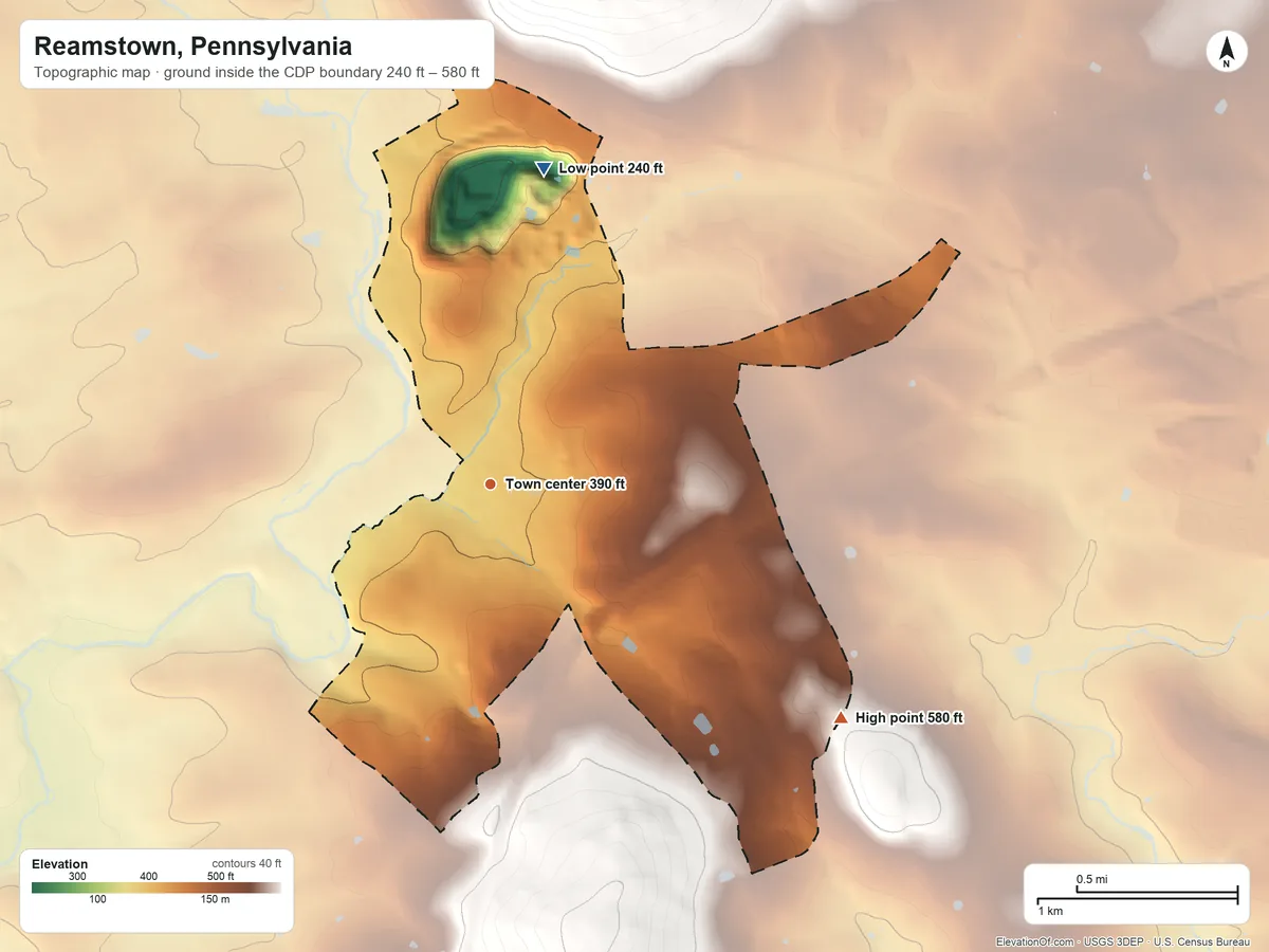 Topographic elevation map of Reamstown, Pennsylvania, shaded from 240 ft on the north side to 580 ft on the southeast side