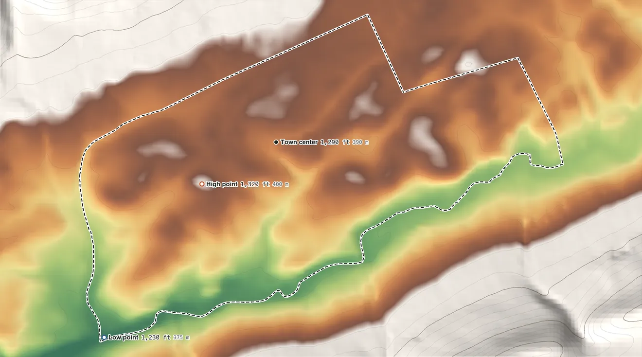 Topographic elevation map of Rebersburg, Pennsylvania, shaded from 1,230 ft on the southwest side to 1,320 ft on the southwest edge, below higher ground just outside
