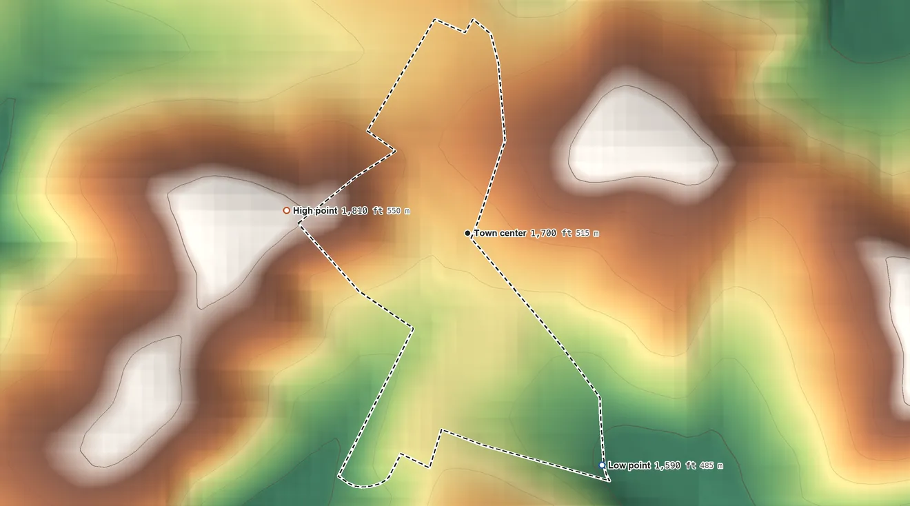 Topographic elevation map of Red Hill, Blair County, Pennsylvania, shaded from 1,590 ft on the southeast side to 1,810 ft on the west edge, below higher ground just outside