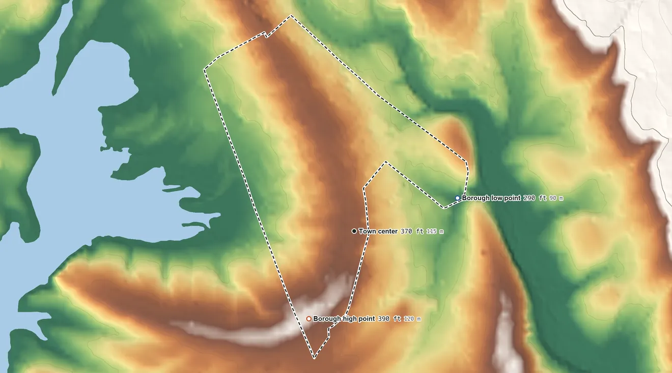Topographic elevation map of Red Hill, Pennsylvania, shaded from 290 ft on the east side to 390 ft on the southwest side