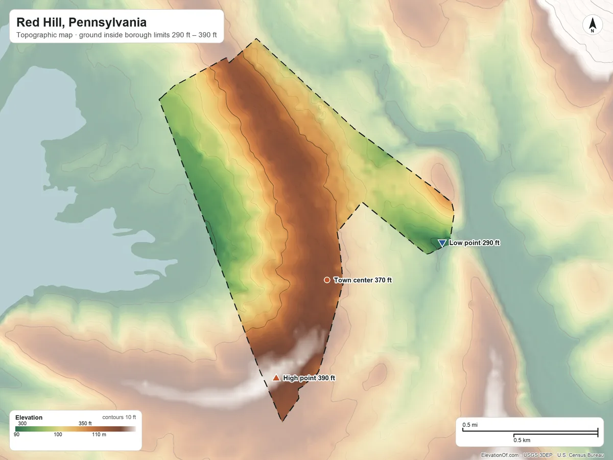 Topographic elevation map of Red Hill, Pennsylvania, shaded from 290 ft on the east side to 390 ft on the southwest side