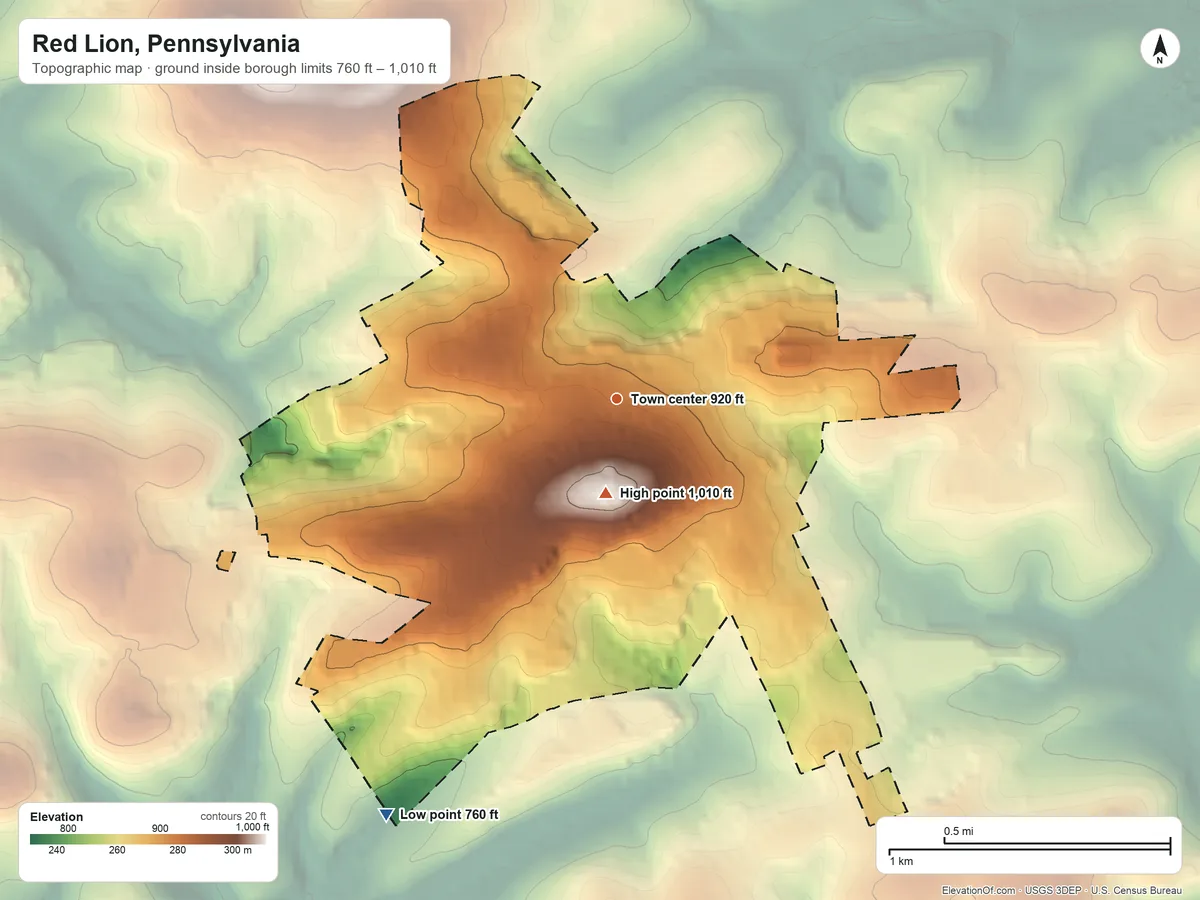 Topographic elevation map of Red Lion, Pennsylvania, shaded from 760 ft on the southwest side to 1,010 ft near the middle