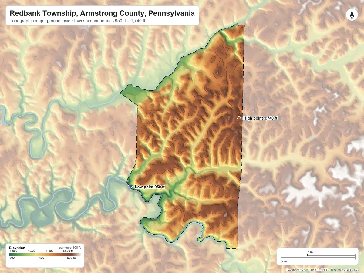 Topographic elevation map of Redbank Township, Armstrong County, Pennsylvania, shaded from 950 ft on the southwest side to 1,740 ft on the east side