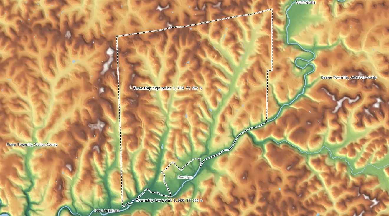 Topographic elevation map of Redbank Township, Pennsylvania, shaded from 1,060 ft on the southwest side to 1,730 ft on the northwest side