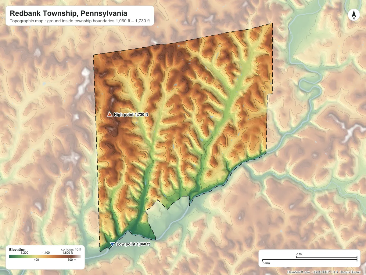 Topographic elevation map of Redbank Township, Pennsylvania, shaded from 1,060 ft on the southwest side to 1,730 ft on the northwest side