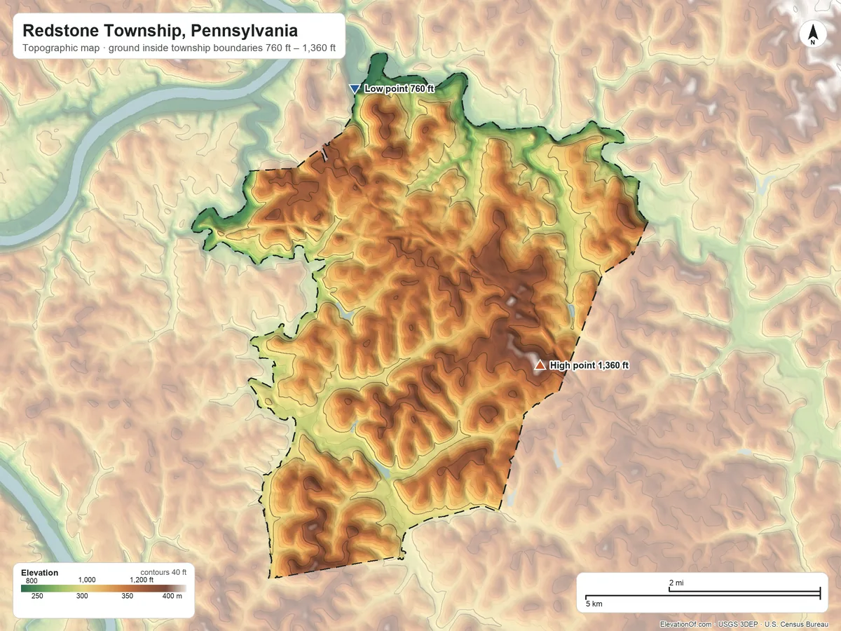 Topographic elevation map of Redstone Township, Pennsylvania, shaded from 760 ft on the north side to 1,360 ft on the east side