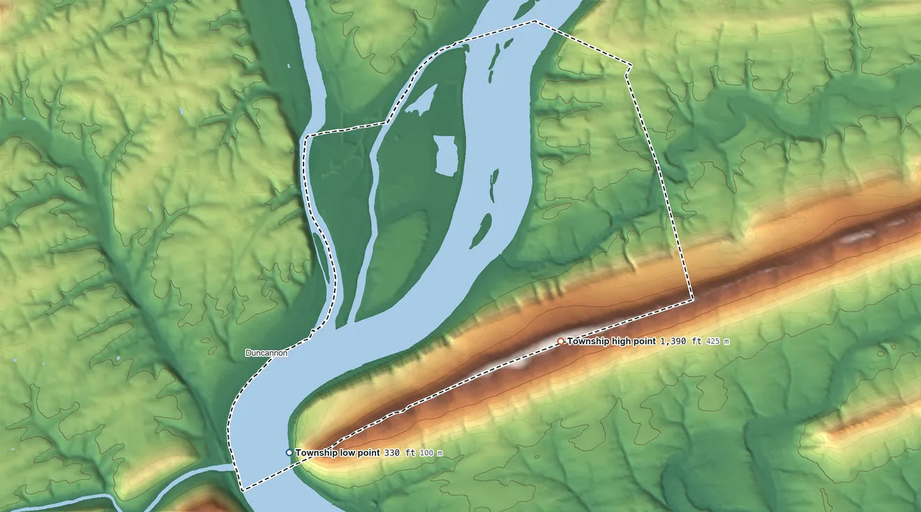 Topographic elevation map of Reed Township, Pennsylvania, shaded from 330 ft on the southwest side to 1,390 ft on the south side